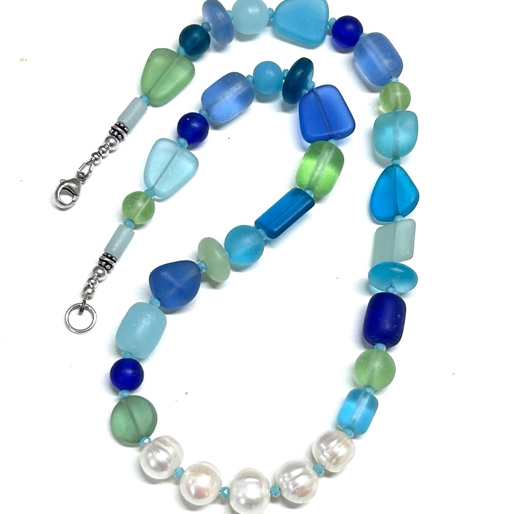 Cultured Pearl and Sea Glass Necklace Sterling Silver